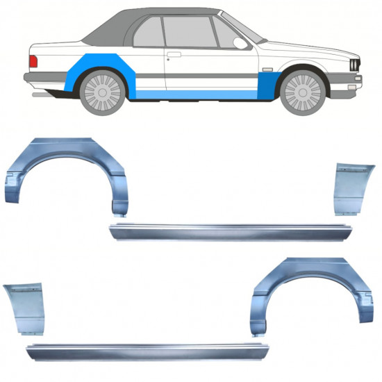 BMW 3 E30 CABRIO 1985-1987 PASSARUOTA POSTERIORE + SOGLIA + PANNELLO ALARE ANTERIORE / SET / DESTRA + SINISTRA