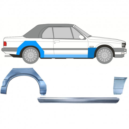 BMW 3 E30 CABRIO 1987-1994 PASSARUOTA POSTERIORE + SOGLIA + PANNELLO ALARE ANTERIORE / SET / DESTRA